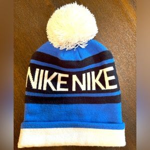 Nike Beanie Hat Blue Striped Embroidered Center Swoosh Pom Pom